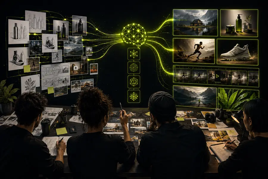 Creative team reviewing a RunningHub AI output sequence